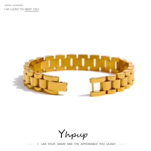 Yhpup Stainless Steel Chain Bracelet Simple 18 K Plated Heavy Metal Texture Fashion Jewelry Men Bijoux Femme Party Waterproof